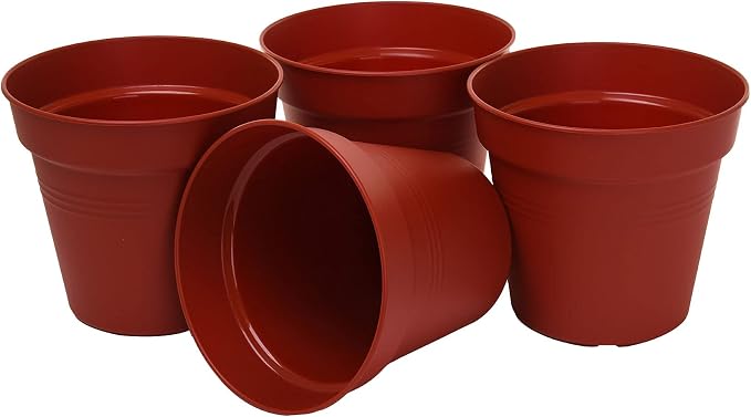 Mintra Garden Pots, 4 Pack Bulk Plastic Plant Pots with Drainage Tray, Round Indoor & Outdoor Decorative Planters with Drain Holes for Flowers, Herbs & Plants, 19cm Diameter – Burgundy, 7.5 in