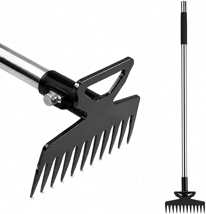 Premium 59" Long Handle 2-in-1 Weeding Tools for Garden, Patio & Path - Wheel Hoe & Rake, 11-Tine Stand Up Weed Puller, Heavy Duty Hand Weeder & Cultivator for Grass, Grandpas Fathers Dad Gift
