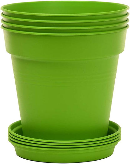 Mintra Garden Pots, 4 Pack Bulk Plastic Plant Pots with Drainage Tray, Round Indoor & Outdoor Decorative Planters with Drain Holes for Flowers, Herbs & Plants, 19cm Diameter – Light Green, 7.5 in