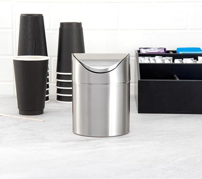 Restaurantware RW Clean 0.4 Gallon Countertop Garbage Can 1 Compact Mini Trash Bin - Swing Top Lid Avoids Rust & Stains Stainless Steel 201 Tabletop Garbage Can For Kitchens & More