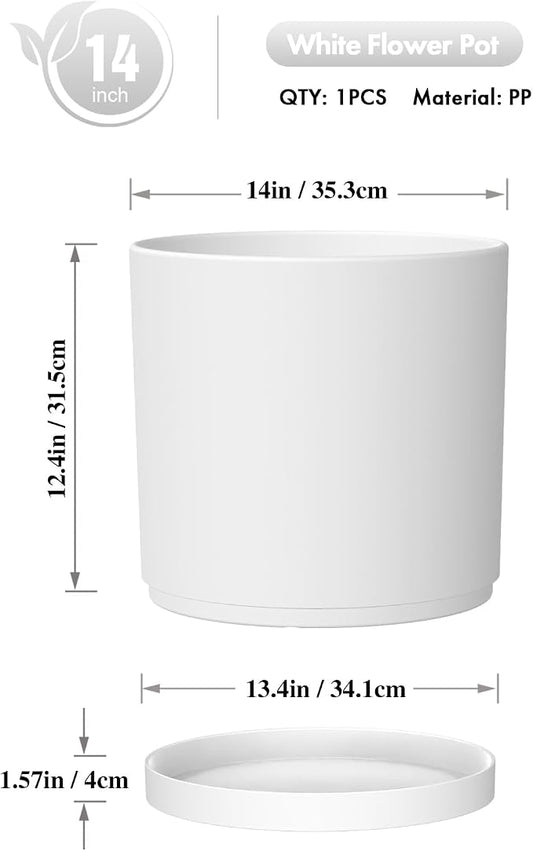WSMKSZ 14 Inch Heavy-Duty Cylinder Deep Planter for Indoor Outdoor Plants, Tall Large Plastic Plant Pot with Drainage Holes and Saucer, Decorative Flower Pot for Patio Garden, White