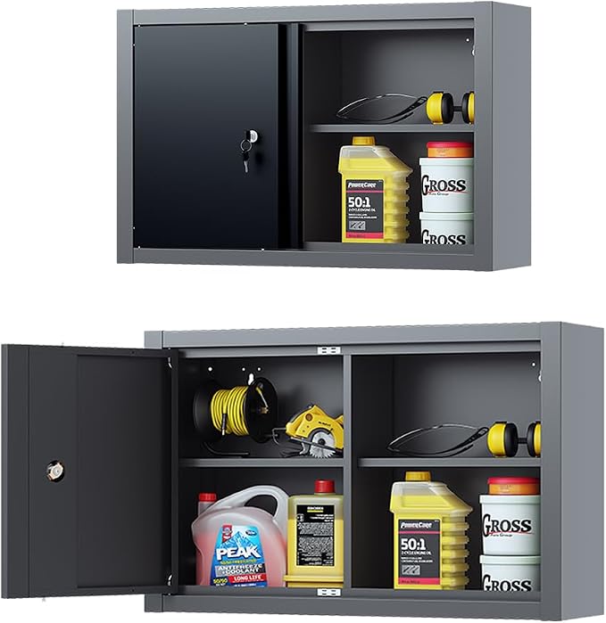 JZD Steel Wall Cabinet for Tool Organization with Two Removable Shelves, Industrial-Strength Metal Hanging Cabinets, for Garage Workshop