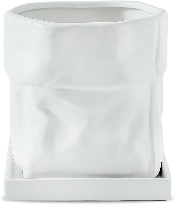 Nihow 6 Inch Ceramic Plant Pot with Drainage & Square Saucer, White | Bag Shape Design,Indoor & Outdoor,Living room/Office/Bedroom/Windowsill/Tabletop,Plant Lovers/Gardeners/Beginners