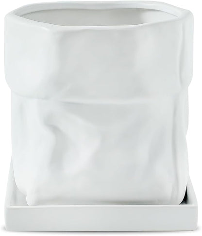Nihow 6 Inch Ceramic Plant Pot with Drainage & Square Saucer, White | Bag Shape Design,Indoor & Outdoor,Living room/Office/Bedroom/Windowsill/Tabletop,Plant Lovers/Gardeners/Beginners