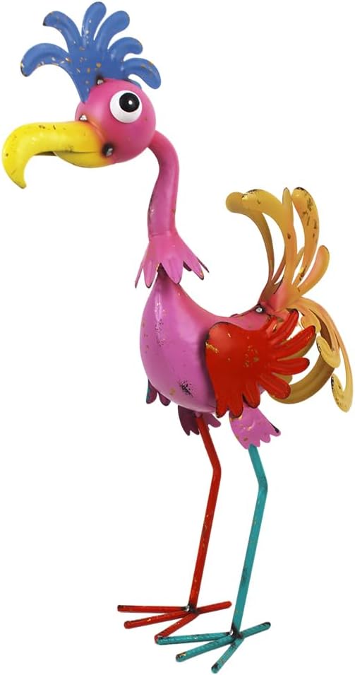 20'' Tall Metal Rooster Statue for Farmhouse, Lawn, Garden | Funny Rooster Sculpture Garden Decor, Metal Yard Art, Pink