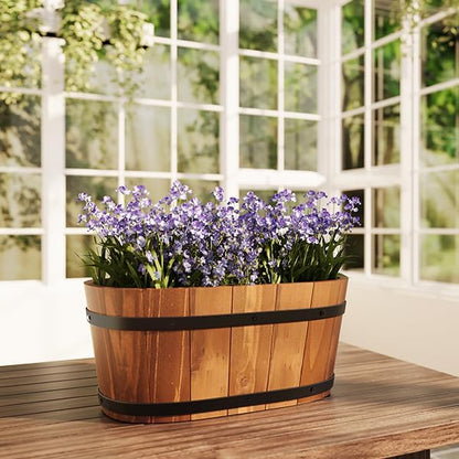 2-Pack Wooden Railing Planters, 13.2 inch Hanging Flower Pots with Detachable Hooks for Balcony, Fence, Deck, Garden, Country Home Decor -Brown