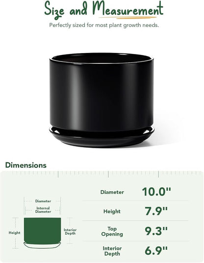 LE TAUCI Ceramic Pots for Plants, 10 Inch Plant Pot with Drainage Hole & Saucer, Sturdy & Modern Planters for Indoor Plants, Includes Mesh Screen, Fits Snake Plant & Monstera, Black