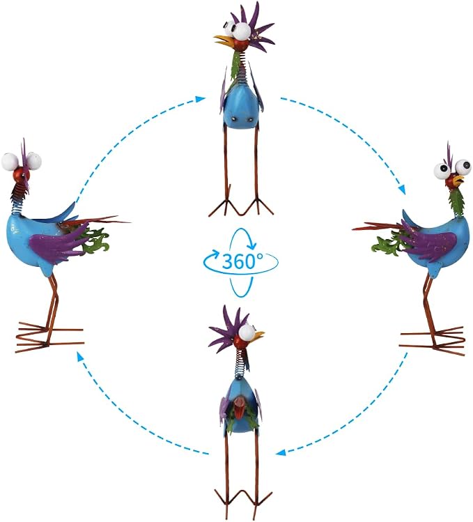 Metal Wacky Rooster Garden Statue for Patio, Backyard, Lawn | 17'' Rooster Decor, Yard Statue Decorations Outdoor, Chicken Yard Art, Blue & Purple