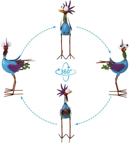 Metal Wacky Rooster Garden Statue for Patio, Backyard, Lawn | 17'' Rooster Decor, Yard Statue Decorations Outdoor, Chicken Yard Art, Blue & Purple
