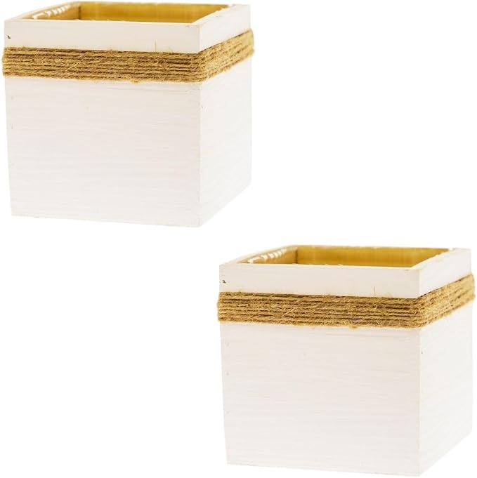 Jute Rope Wood Planter (7"x7") Whitewashed Wooden Boxes l Garden Centerpiece Display l Wedding Flowers Holder (Set of 2)
