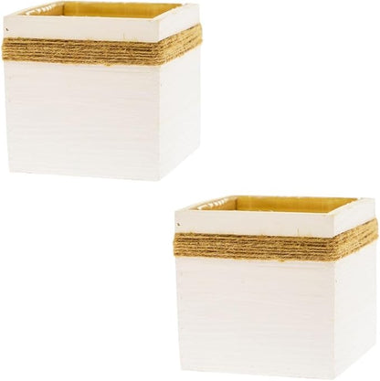 Jute Rope Wood Planter (7"x7") Whitewashed Wooden Boxes l Garden Centerpiece Display l Wedding Flowers Holder (Set of 2)