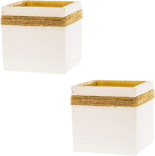 Jute Rope Wood Planter (7"x7") Whitewashed Wooden Boxes l Garden Centerpiece Display l Wedding Flowers Holder (Set of 2)