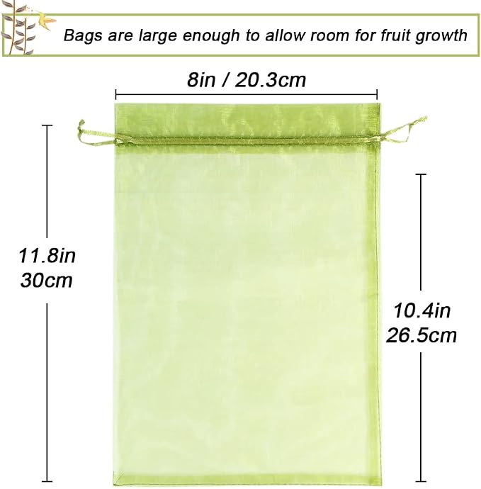 100pcs Fruit Protection Bags 8x12 inch, Green Netting Cover Bags Drawstring Mesh Fruit Protectors Pest Barrier for Grapes Mango Trees Veggies Garden