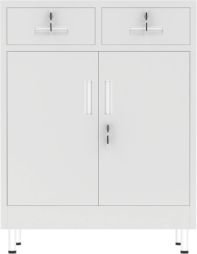 JINGUR Metal Storage Cabinet with Locking Doors and 2 Drawers, Lockable Storage Cabinet with Adjustable Shelf for Home Office Garage Entryway Pantry (White)