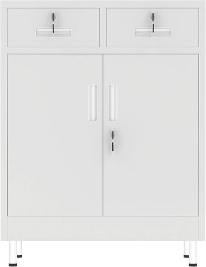 JINGUR Metal Storage Cabinet with Locking Doors and 2 Drawers, Lockable Storage Cabinet with Adjustable Shelf for Home Office Garage Entryway Pantry (White)