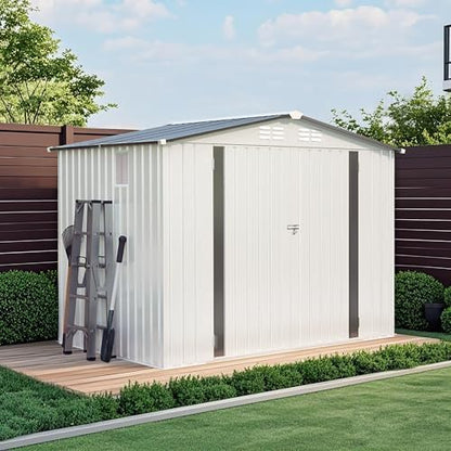 YOPTO Sheds & Outdoor Storage 6X8 FT,Metal Waterproof Tool Sheds with Side Window and Lockable Door,Backyard Buildings House W/Pitched Roof & Vents,for Garden,Lawn,Garbage Enclosure,White+Gray