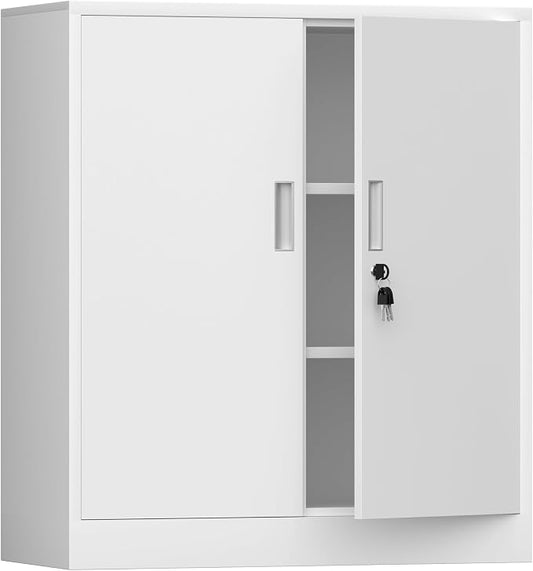 iJINGUR Metal Storage Cabinet with Locking Doors and 2 Adjustable Shelves, Small Lockable Storage Cabinet for Home Office Garage (White)