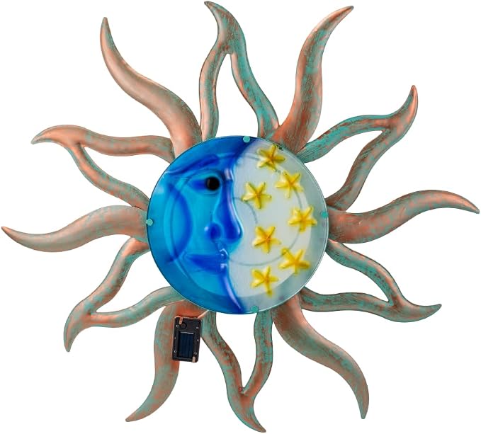 VEWOSTAR 29" Large Metal Sun and Moon Wall Art,3D Fence Wall Decor With with Solar Lights, Hanging Decoration for Patio Garden Yard,Gift Ideal for Mom