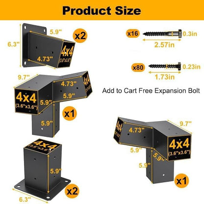 15°Slanted Roof Wall Mount 4x4 Pergola Bracket Kit,TROPTOLKY Angled 4x4 Wood Post Bracket,DIY Pergola Gazebo Kit 3way(6pcs)