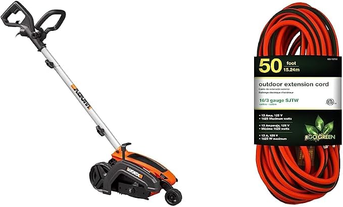 WORX WG896 12 Amp 7.5" Electric Lawn Edger & Trencher & Go Green Power Inc. GG13750 GoGreen Power GG-13750-16/3 SJTW Outdoor Extension Cord-Lighted End, 50'