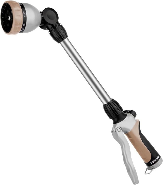RESTMO Heavy Duty Metal Hose Wand, Watering Wand for Garden Hose | 180° Swivel Ratcheting Head, 16'' Hose Sprayer, 7 Spray Patterns, Flow Control, Ideal for Hanging Baskets & Shrubs, Gold