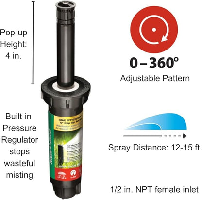 Rain Bird 1804HEVNPR Pressure Regulated Max Efficiency Professional Pop-Up Sprinkler with SAM Check Valve, Adjustable 0° - 360° Pattern, 12'-15' Spray Distance, 4" Pop-Up Height