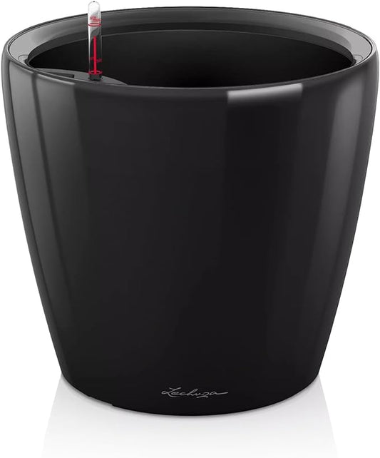 Lechuza Classico LS 35 Black High Gloss, Self-Watering Round Planter, D13.8 H13 in