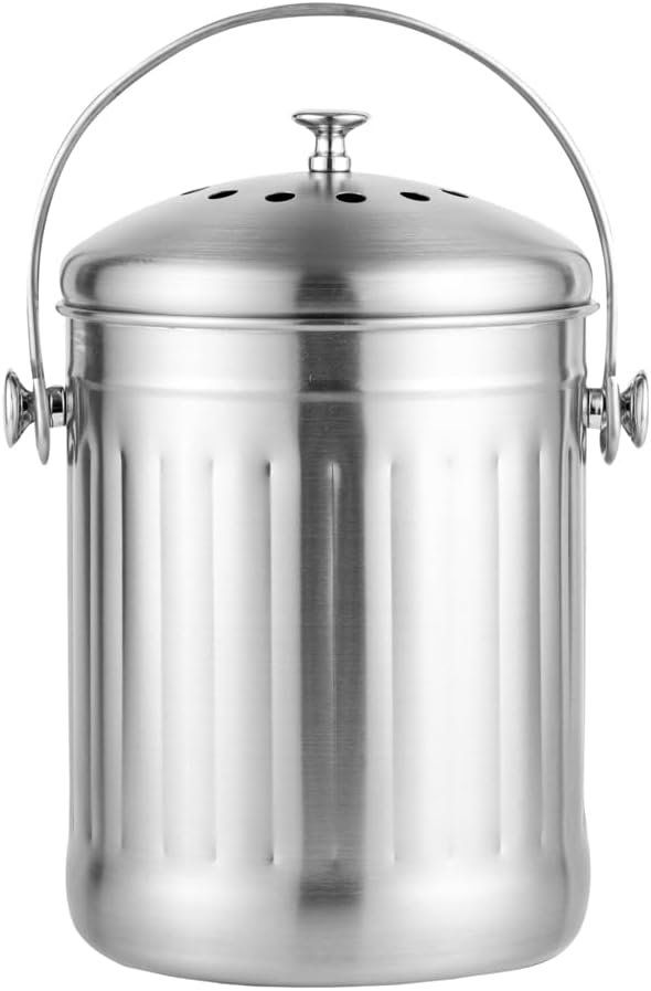 Restaurantware RW Clean 1.3 Gallon Countertop Food Waste Bin 1 Compact Food Waste Container - Avoids Rusting Airtight Lid Stainless Steel 201 Countertop Compost Bin Charcoal Filter