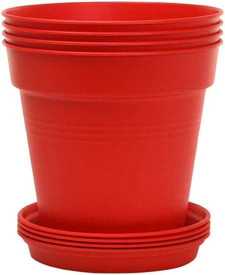 Mintra Garden Pots, 4 Pack Bulk Plastic Plant Pots with Drainage Tray, Round Indoor & Outdoor Decorative Planters with Drain Holes for Flowers, Herbs & Plants, 11cm Diameter – Red, 4.3 in