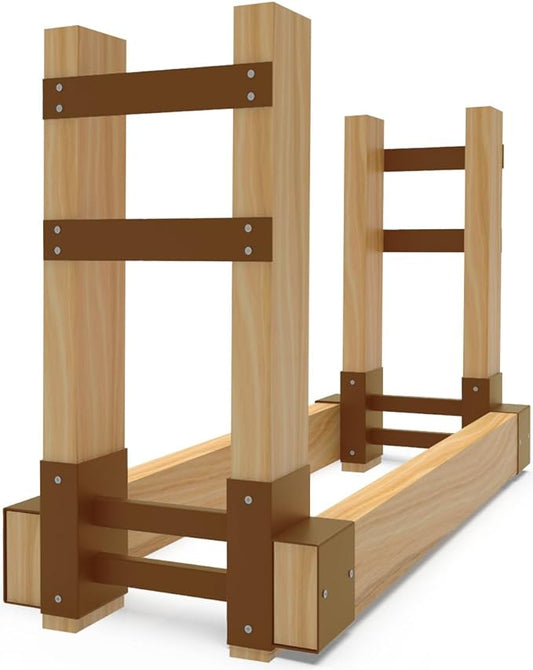 Outdoor Firewood Rack Brackets Kit for Fire Wood Pile Storage, Adjustable log stacking Stand Holder for 2x4 lumber, Brown, Set of 2