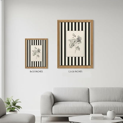 Black and White Floral Wall Art Framed Canvas,Vintage Botanical Sketch Print, Minimalist Striped Modern Farmhouse Wall Decor for Living Room Bedroom Bathroom Kitchen 8x10inch