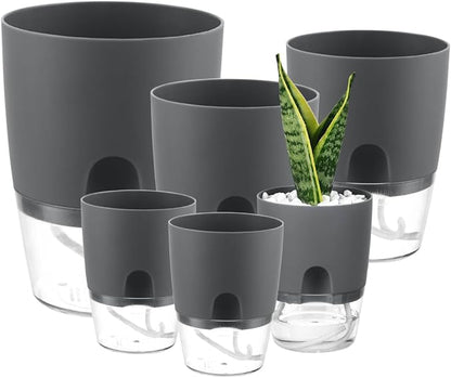 Planterhoma 6 Pack Self Watering Pots for Indoor Plants, 3.2/4/6 Inch Plant Pot Plastic Self Watering Planter for Orchid, African Violet, Small Clear Flower Pots with Drainage Holes and Wicking, Grey