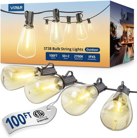 VIPAR Outdoor String Lights, 100FT 52 ST38 Bulbs Patio Lights Outdoor Waterproof, Shatterproof Vintage Edison LED Outside Hanging Light for Backyard, Porch, Garden, Deck, Bistro, 2700K Dimmable
