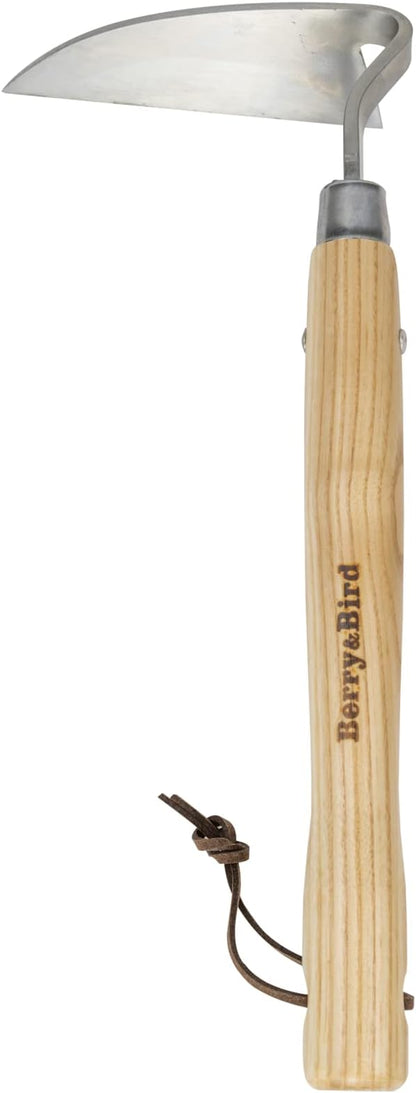 Berry&Bird Stainless Steel Bent Angle Gardening Sickle, Weed Scraper-Hoe with Ergonomic Ash Wood Handle, 12.67-Inch Blade for Weeding & Soil Loosening
