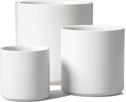 LE TAUCI 10+8+6 Inch Ceramic Pots for Plants, Indoor Planters with Drainage Hole and Plug, Modern Cylinder Flower Pots Set of 3 for Living Room and Bedroom, Satin, White