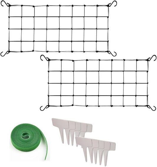 2 Pcs Scrog Net 2x4 FT Trellis Net for Grow Tent Elastic Trellis Netting with Hooks, Loop Tape, Garden Label for Indoor Plant Growing Tents Garden Plant Climbing Plants Support