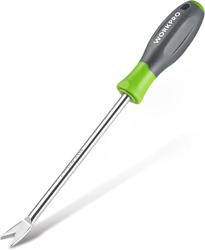 WORKPRO 11.5" Dandelion Weeder Puller Tool with Soft Handle | Polished Stainless Steel Garden Weed Remover Tool, Two-Pronged Fork Weeder Tool for Lawn Farmland Transplant Gardening