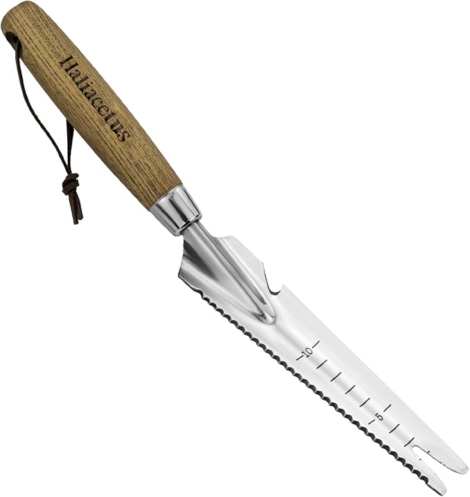 Haliaeetus Multi-Use Weed Trowel, Stainless Steel Dandelion Fork Puller, Serrated Edges Manual Weed Puller for Quick Cutting and Weeding, Garden Weed Trowel with Measuring Scale for Planting, Digging