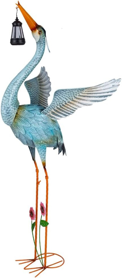 Crane Garden Statue with Solar Lantern,Large Blue Heron Outdoor Staue | Metal Crane Sculpture, Yard Art Decor for Garden, Lawn, Backyard, Porch