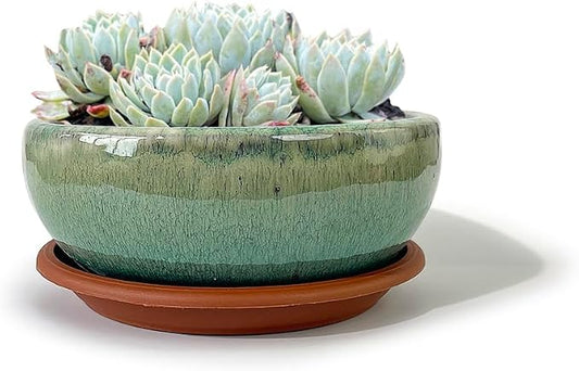 7 Inch Glazed Terracotta Plant Pot Round Ceramic Succulent Planter Pot with Drainage and Mesh Pad Cactus Clay Bonsai Pot (Green)