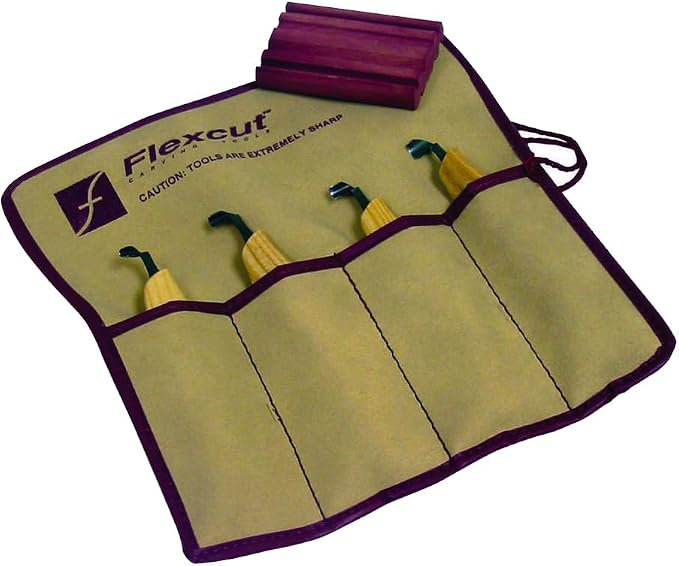 Flexcut Wood Carving Tools | Left-Handed Scorp Set of 4 Scorp Gouges | Includes Tool Roll and Strop | 1095 High Carbon Steel Blades | Ash Hardwood Handles | KNL150 | Made in the U.S.A.