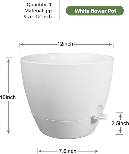 WSMKSZ 12 inch Large Self Watering Pots, Flower Plant Pots with Multi Mesh Drainage Holes for Indoor Outdoor Garden Plants and Flowers, Plastic Planters with Removable Reservoir, White