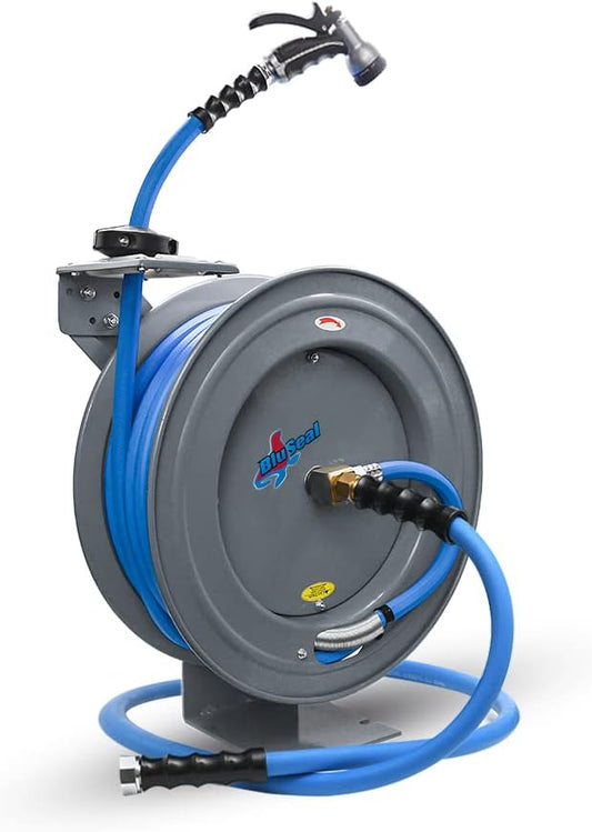 RMX BluSeal Auto Retractable Water Hose Reel with Hot & Cold Water Rubber Garden Hose, Spray Nozzle - Ultra Light, Super Strong with 6' Lead-in Hose (5/8” x 50’ Grey)