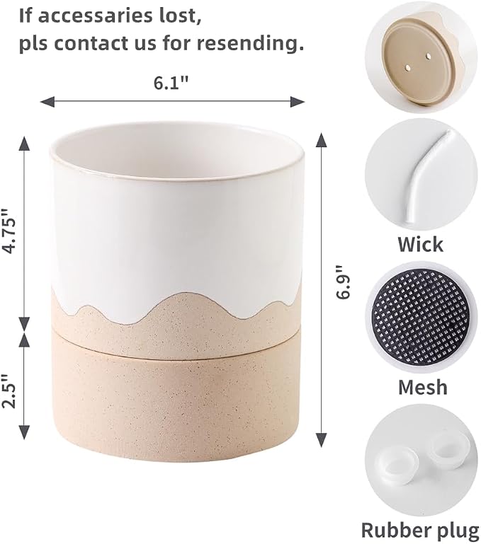 Nihow Ceramic Self Watering Plant Pot for Indoor Plants, 6 Inch,Cream White | Planter with Cotton Wick, Drainage Hole & Water Storage Plus, Cylinder Round Flower Pot, For Succulent/Herbs/Violets