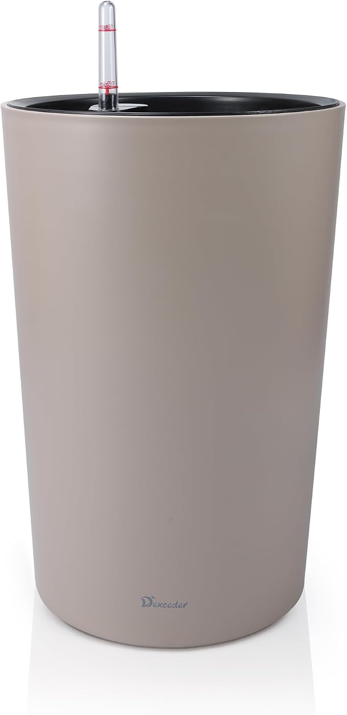 Dexceder 16x12 Self Watering Tall Planter (Taupe Matte) | High Cylinder, Thickened Large Floor Standing Flower Plant Pot with Water Level Indicator Indoor Outdoor
