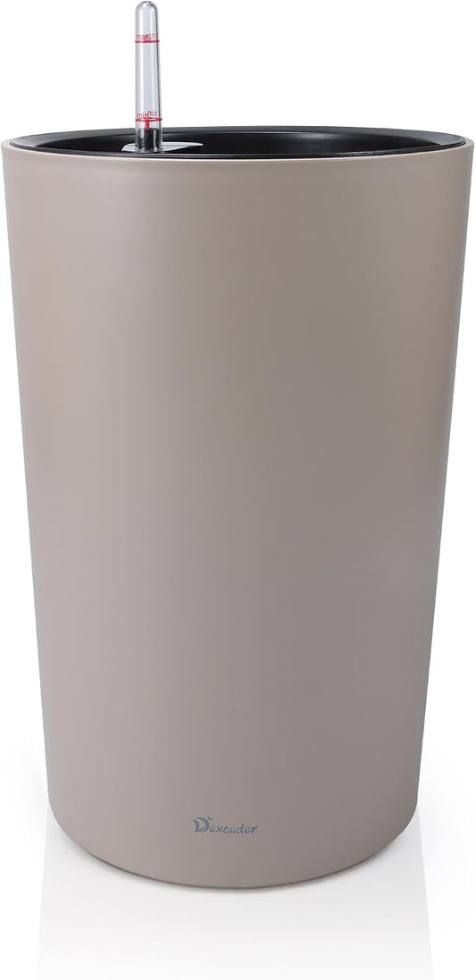 Dexceder 16x12 Self Watering Tall Planter (Taupe Matte) | High Cylinder, Thickened Large Floor Standing Flower Plant Pot with Water Level Indicator Indoor Outdoor