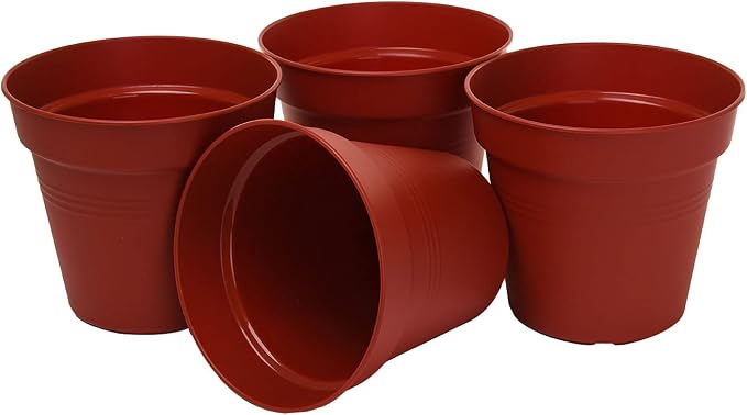 Mintra Garden Pots, 4 Pack Bulk Plastic Plant Pots with Drainage Tray, Round Indoor & Outdoor Decorative Planters with Drain Holes for Flowers, Herbs & Plants, 15cm Diameter – Burgundy, 5.9 in