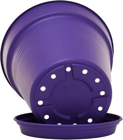 Mintra Garden Pots, 4 Pack Bulk Plastic Plant Pots with Drainage Tray, Round Indoor & Outdoor Decorative Planters with Drain Holes for Flowers, Herbs & Plants, 13cm Diameter – Purple, 5 in