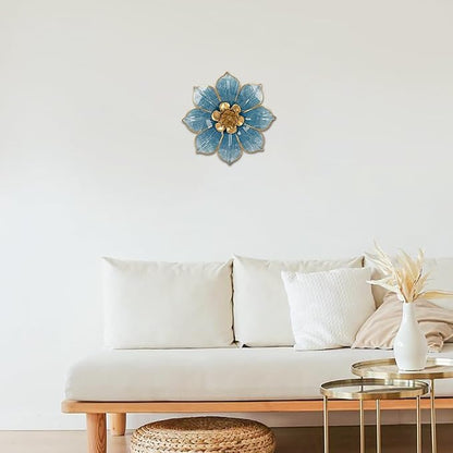 10" Metal Flowers Wall Decor, Blue & Gold 3D Floral Metal Wall Art Decor for Inoor & Outdoor Use, Vintage & Modern Walls Arts for Bathroom, Living Room, Bedroom, Office, Garden, Patio, Porch, 1 Piece