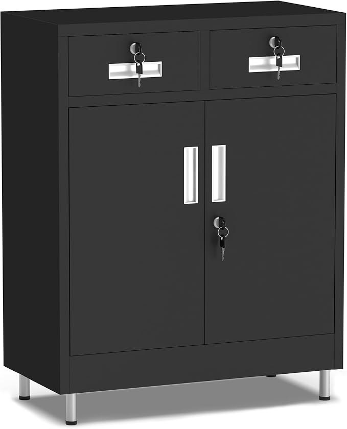 JINGUR Metal Storage Cabinet with Locking Doors and 2 Drawers, Lockable Storage Cabinet with Adjustable Shelf for Home Office Garage Entryway Pantry (Black)